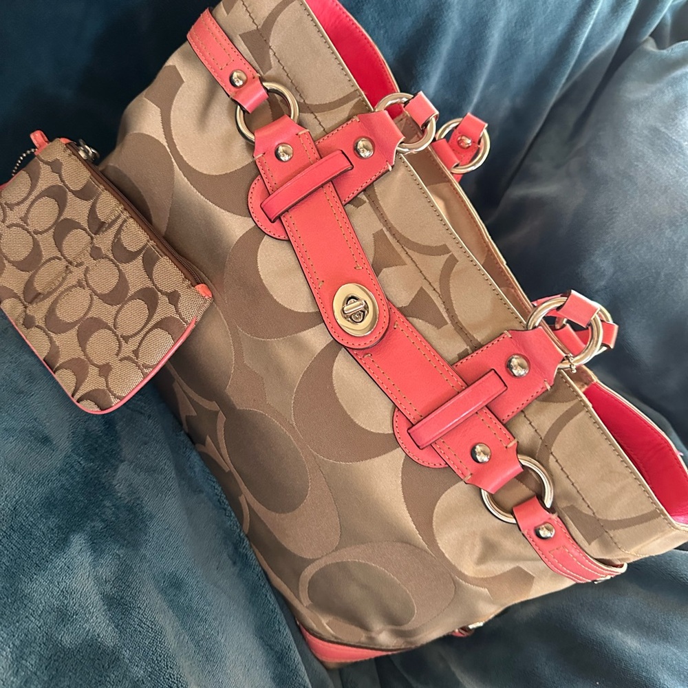 Coach Tan and Coral Shoulder Bag with Signature Design and Matching Wristlet